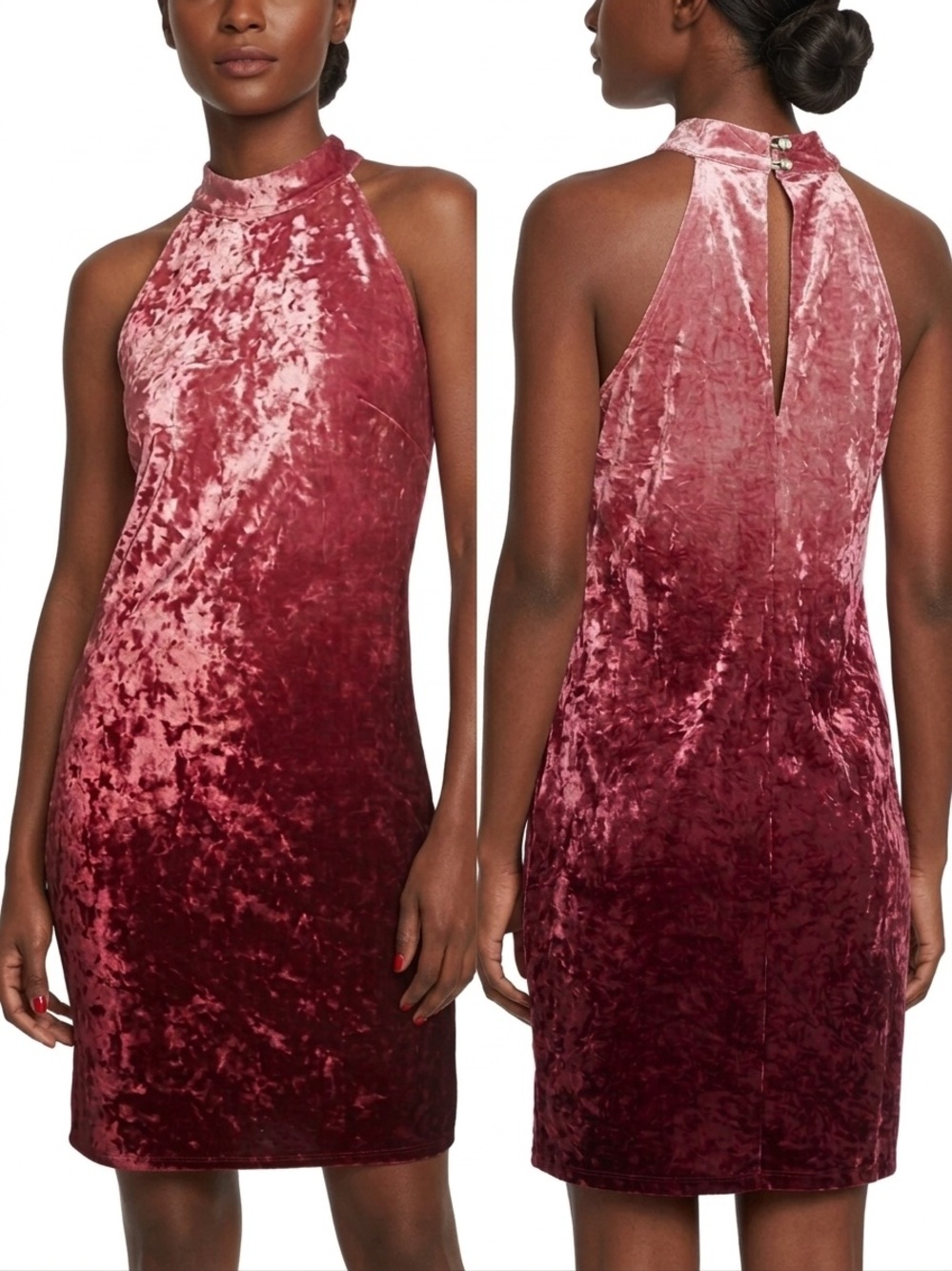 CeCe $138 NWT Crushed Velvet Ombré Halter Midi Dress Deep Syrah Pink Sz 12